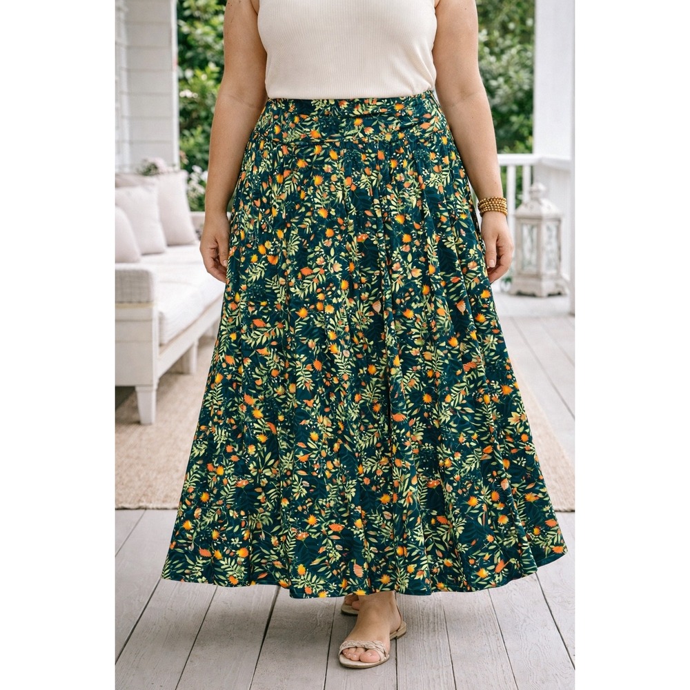 P2 LuLaRoe Lola Skirt 2XL Teal Floral Botanical High Low Midi‎ A-Line Waistband